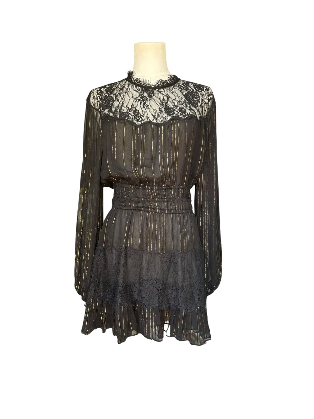 LoveShackFancy Women Black Coventry Long Sleeve Sheer FIt & Flare Dress Size M